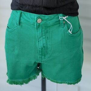 Green Jean Shorts with Frayed Hem and Distressed Finish